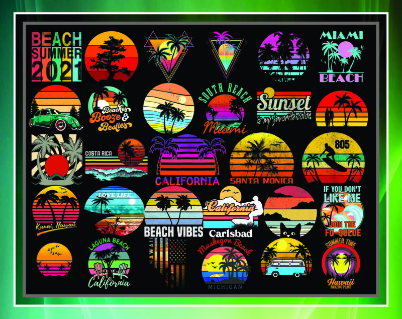 Retro Sunset Png, Vintage Retro Sunset Beach Png Bundle, Retro 1980s 1990s Vaporwave Palm Trees Sunset Beach, Retro Sunset Beach Lover Png 959658746