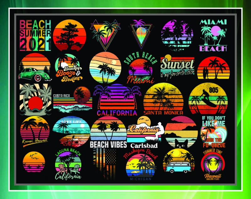 Retro Sunset Png, Vintage Retro Sunset Beach Png Bundle, Retro 1980s 1990s Vaporwave Palm Trees Sunset Beach, Retro Sunset Beach Lover Png 959658746