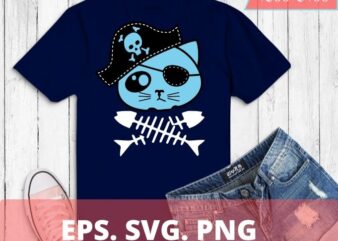 Cat head with fish bone T-Shirt funny cute kitten T-shirt design svg, Cool pirate cat with herring bone png, Halloween, cat lovers, pirate,