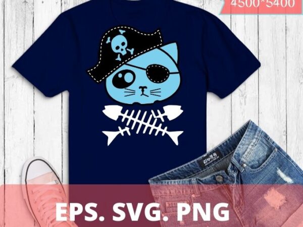 Cat head with fish bone t-shirt funny cute kitten t-shirt design svg, cool pirate cat with herring bone png, halloween, cat lovers, pirate,