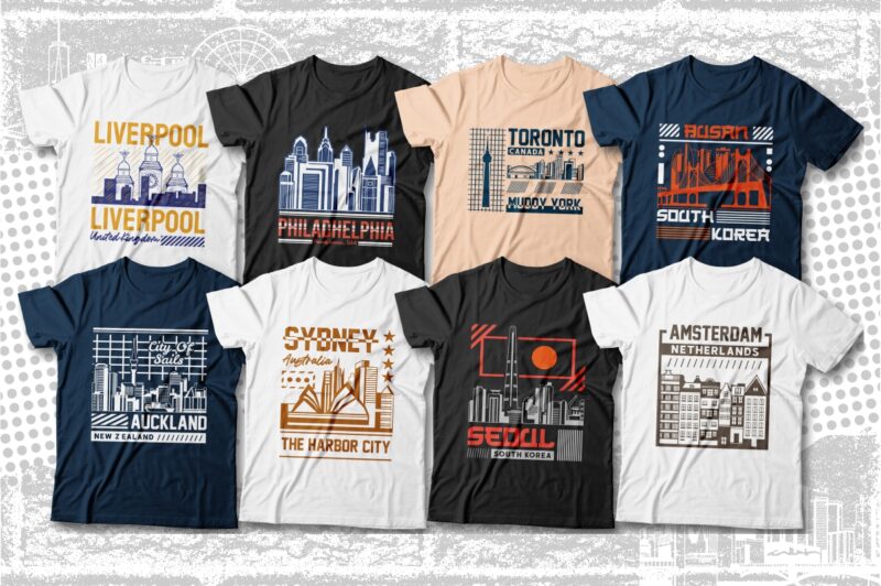 Famous Cities T-shirt Designs Bundle, Urban T-shirt Designs Bundle, City T-shirt Designs, Urban Series Design, New York, London, Tokyo, Paris, Berlin, Dubai, Roma, Amsterdam and More