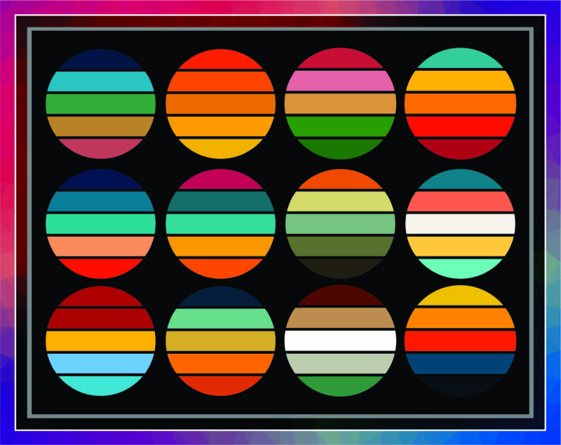 33 Files Retro Colored Circle Sunsets Clipart, Circle Round Background Vintage Color Palettes Commercial License Print On Demand 988658536