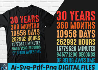30 years of being awesome t-shirt design, 30 years of being awesome SVG, 30 Birthday vintage t shirt, 30 years 360 months of being awesome, Happy birthday tshirt, Funny Birthday