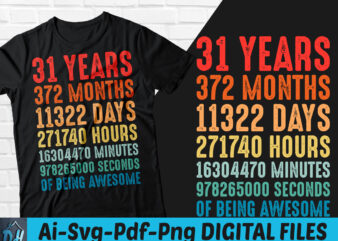 31 years of being awesome t-shirt design, 31 years of being awesome SVG, 31 Birthday vintage t shirt, 31 years 372 months of being awesome, Happy birthday tshirt, Funny Birthday
