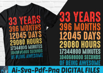 33 years of being awesome t-shirt design, 33 years of being awesome SVG, 33 Birthday vintage t shirt, 33 years 396 months of being awesome, Happy birthday tshirt, Funny Birthday