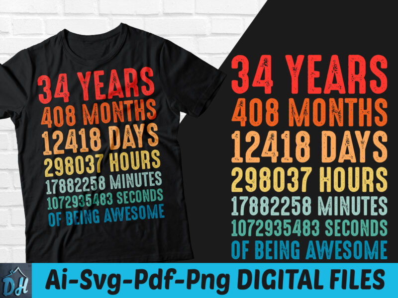 34 years of being awesome t-shirt design, 34 years of being awesome SVG, 34 Birthday vintage t shirt, 34 years 408 months of being awesome, Happy birthday tshirt, Funny Birthday
