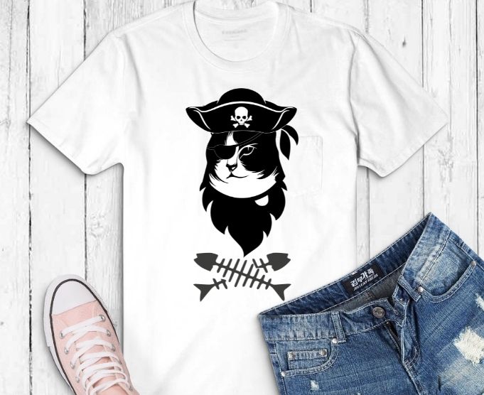 Cat head with fish bone 2 T-Shirt funny cute kitten T-shirt design svg, Cool pirate cat with herring bone png, Halloween, cat lovers, pirate,