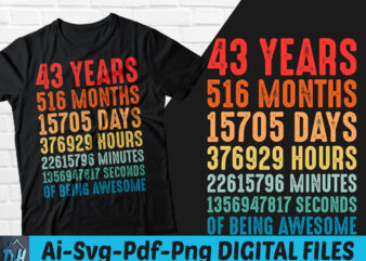 43 years of being awesome t-shirt design, 43 years of being awesome SVG, 43 Birthday vintage t shirt, 43 years 516 months of being awesome, Happy birthday tshirt, Funny Birthday