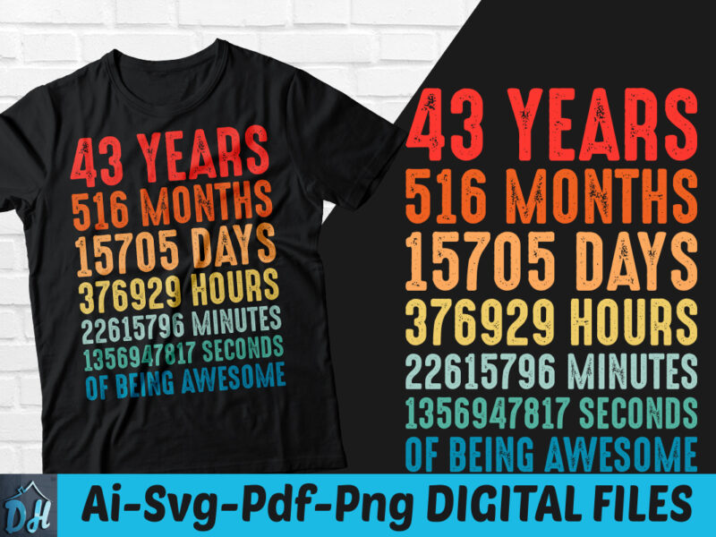 43 years of being awesome t-shirt design, 43 years of being awesome SVG, 43 Birthday vintage t shirt, 43 years 516 months of being awesome, Happy birthday tshirt, Funny Birthday
