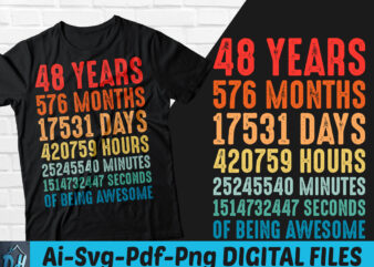 48 years of being awesome t-shirt design, 48 years of being awesome SVG, 48 Birthday vintage t shirt, 48 years 576 months of being awesome, Happy birthday tshirt, Funny Birthday