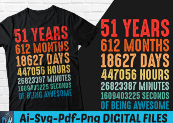 51 years of being awesome t-shirt design, 51 years of being awesome SVG, 51 Birthday vintage t shirt, 51 years 612 months of being awesome, Happy birthday tshirt, Funny Birthday