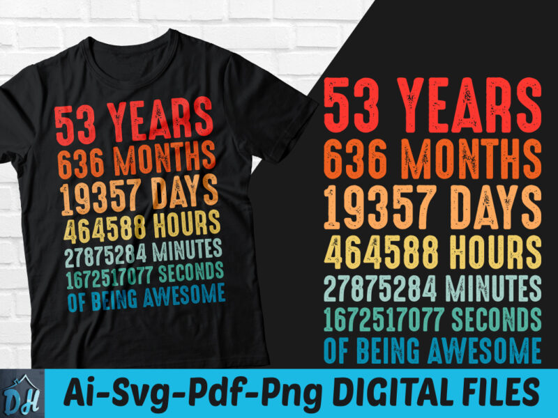 53 years of being awesome t-shirt design, 53 years of being awesome SVG, 53 Birthday vintage t shirt, 53 years 636 months of being awesome, Happy birthday tshirt, Funny Birthday