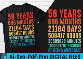 58 years of being awesome t-shirt design, 58 years of being awesome SVG, 58 Birthday vintage t shirt, 58 years 696 months of being awesome, Happy birthday tshirt, Funny Birthday