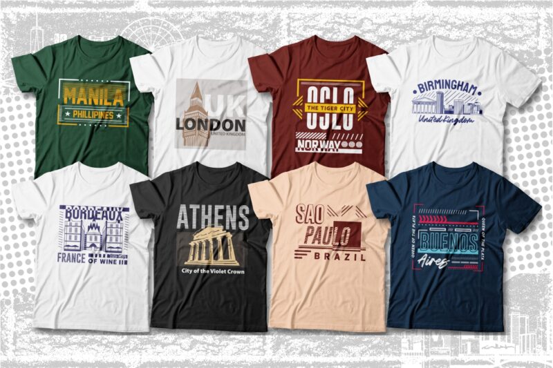 Famous Cities T-shirt Designs Bundle, Urban T-shirt Designs Bundle, City T-shirt Designs, Urban Series Design, New York, London, Tokyo, Paris, Berlin, Dubai, Roma, Amsterdam and More