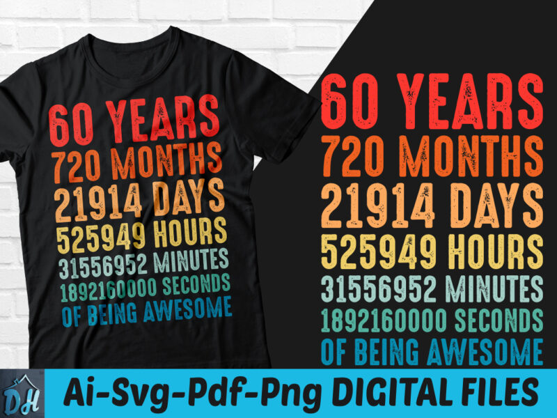 60 years of being awesome t-shirt design, 60 years of being awesome SVG, 60 Birthday vintage t shirt, 60 years 720 months of being awesome, Happy birthday tshirt, Funny Birthday