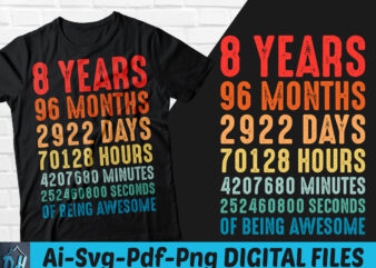 8 years of being awesome t-shirt design, 8 years of being awesome SVG, 8 Birthday vintage t shirt, 8 years 96 months of being awesome, Happy birthday tshirt, Funny Birthday