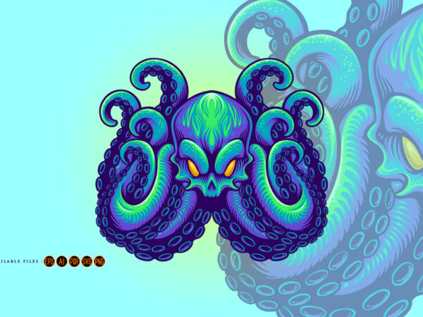 Angry kraken mascot blue octopus logo mascot illustrations t shirt vector
