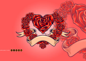 Red rose blooms love shape with vintage ribbon