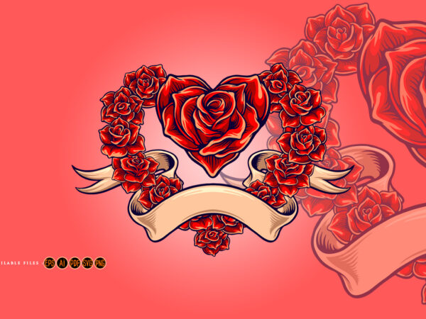 Red rose blooms love shape with vintage ribbon t shirt design online