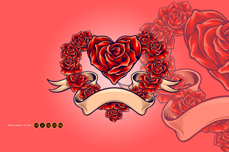 Red rose blooms love shape with vintage ribbon