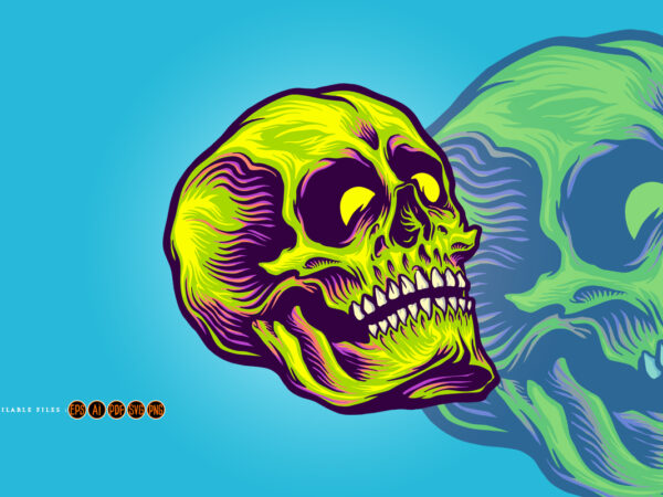 Psychedelic zombie green skull illustrations t shirt illustration
