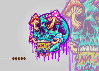 Magic Mushroom with scary blue skull head psychedelic