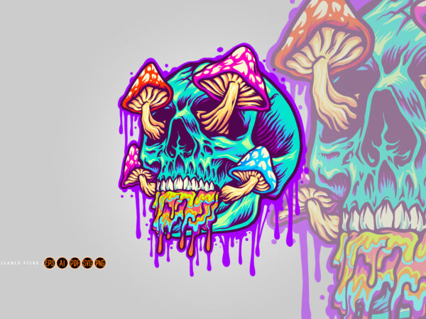 Magic mushroom with scary blue skull head psychedelic t shirt designs for sale