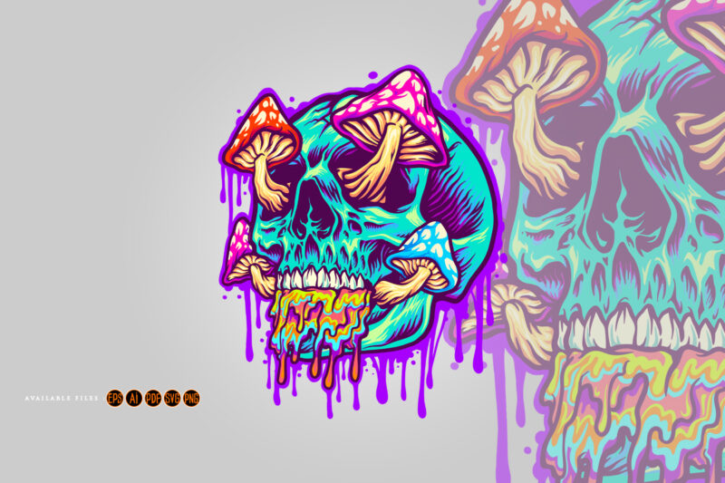 Magic Mushroom with scary blue skull head psychedelic