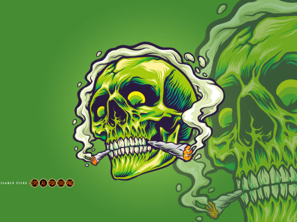 Green skull joint smoking a weed marijuana t shirt design template