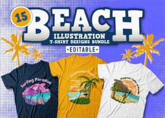 Beach Illustration T-shirt Designs Bundle, Beach Sublimation, Surfing Paradise T Shirt Design, Nature, Panoramic, Seascape