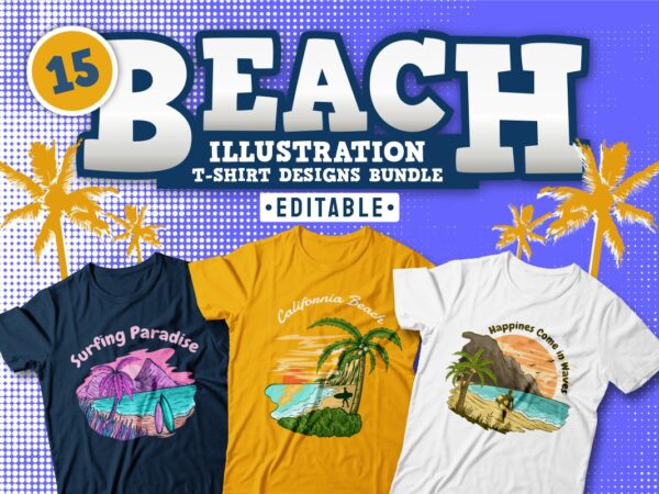 Beach Illustration T-shirt Designs Bundle, Beach Sublimation, Surfing Paradise T Shirt Design, Nature, Panoramic, Seascape