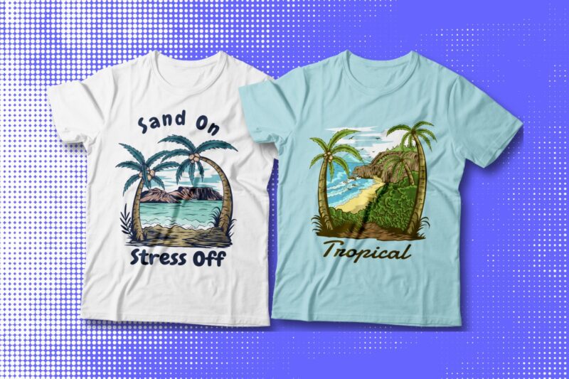 Beach Illustration T-shirt Designs Bundle, Surfing Paradise T Shirt Design, Nature, Panoramic, Seascape