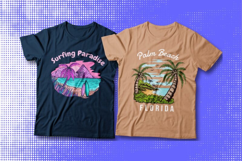 Beach Illustration T-shirt Designs Bundle, Surfing Paradise T Shirt Design, Nature, Panoramic, Seascape