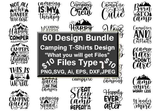 Camping Funny Print-Ready PNG & SVG Vector T-Shirt 60 Design Bundle