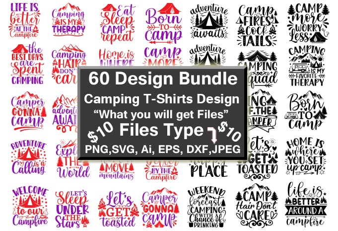 Camping Funny Print-Ready PNG & SVG Vector T-Shirt 60 Design Bundle