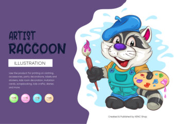 Cartoon Raccoon Artist. T-Shirt, PNG, SVG.