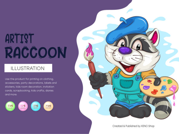 Cartoon raccoon artist. t-shirt, png, svg.