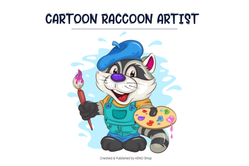 Cartoon Raccoon Artist. T-Shirt, PNG, SVG.