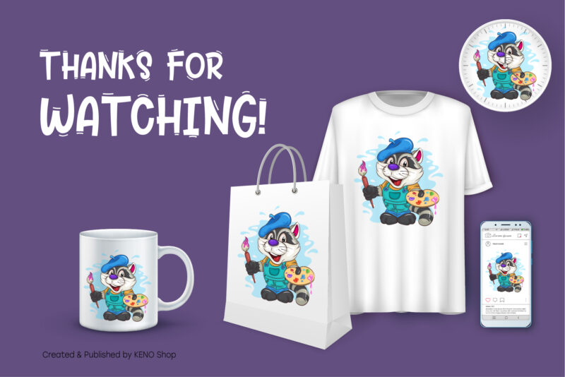 Cartoon Raccoon Artist. T-Shirt, PNG, SVG.