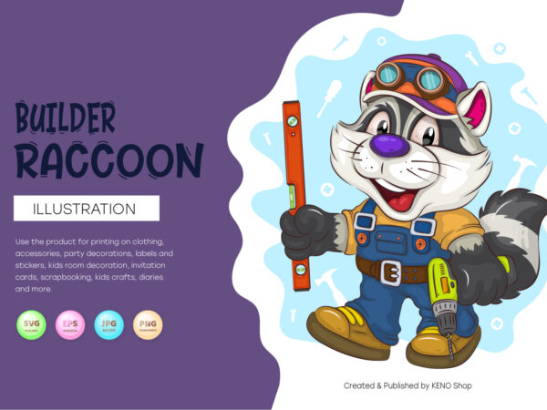 Cartoon raccoon builder. t-shirt, png, svg.