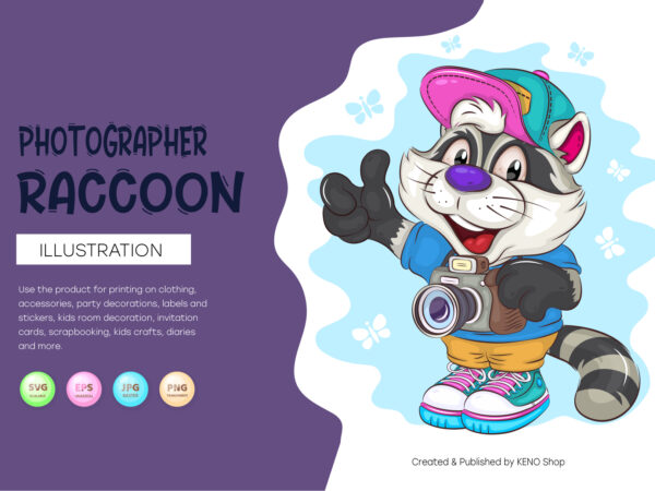 Cartoon raccoon photographer. t-shirt, png, svg.