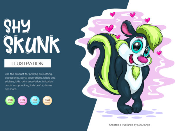 Cartoon shy skunk. t-shirt, png, svg.