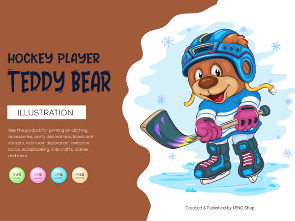 Cartoon teddy bear hockey. t-shirt, png, svg.