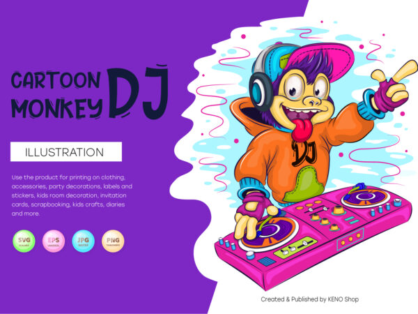 Cartoon monkey dj. t-shirt, vector, png.