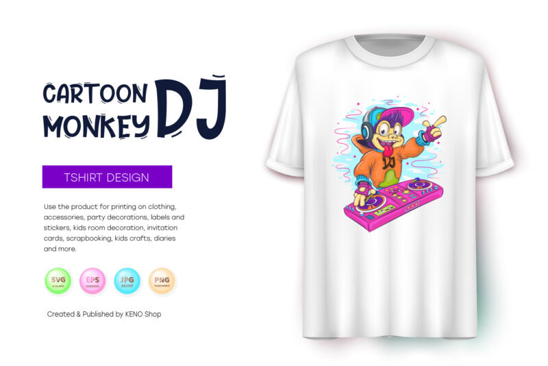 Cartoon monkey DJ. T-shirt, Vector, PNG.