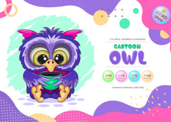 Cartoon owl with a cup. T-Shirt, PNG, SVG.