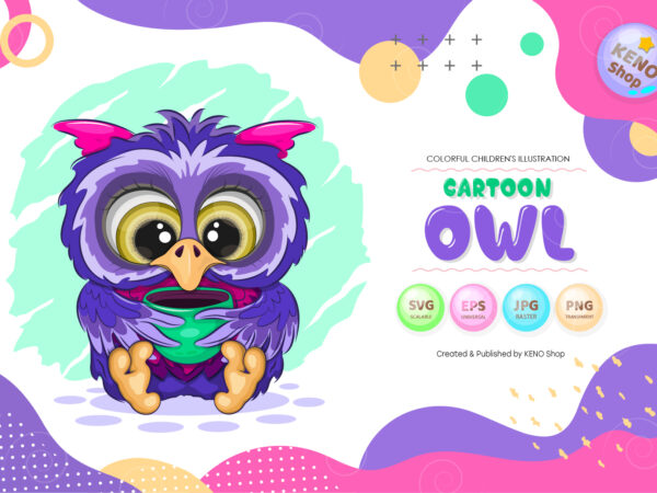 Cartoon owl with a cup. t-shirt, png, svg.