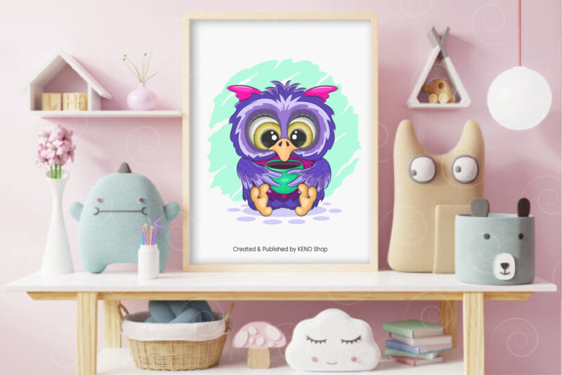 Cartoon owl with a cup. T-Shirt, PNG, SVG.