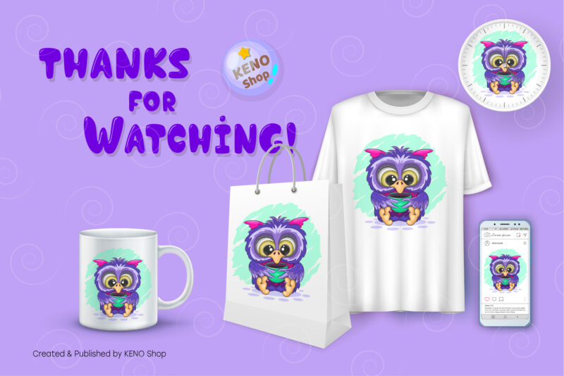 Cartoon owl with a cup. T-Shirt, PNG, SVG.