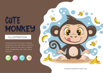 Cute Cartoon Monkey. T-Shirt, PNG, SVG.